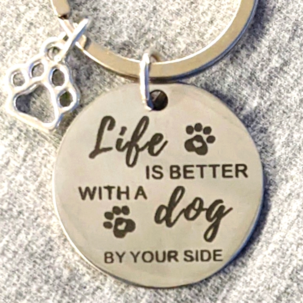 Life is better with a dog keychain necklace bracelet paw print round‎ NEW